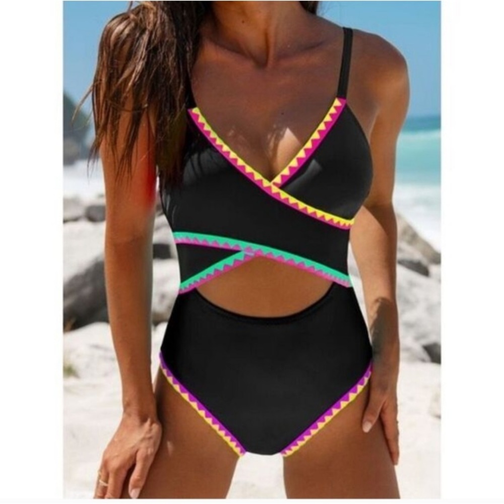Black Cutout One-Piece Swimsuit with Colorful Trim NWT size S